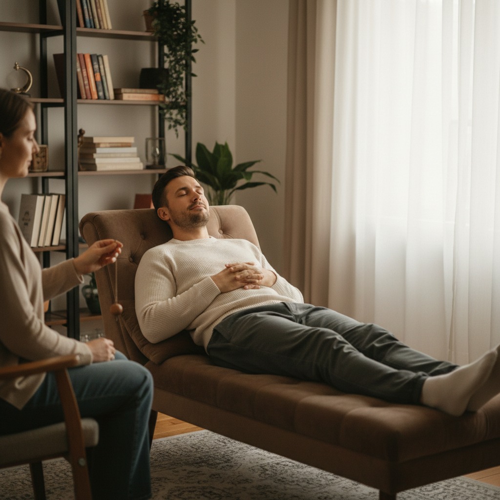 A therapist uses a pendulum to guide a man relaxing on a chaise lounge during a hypnotherapy session.