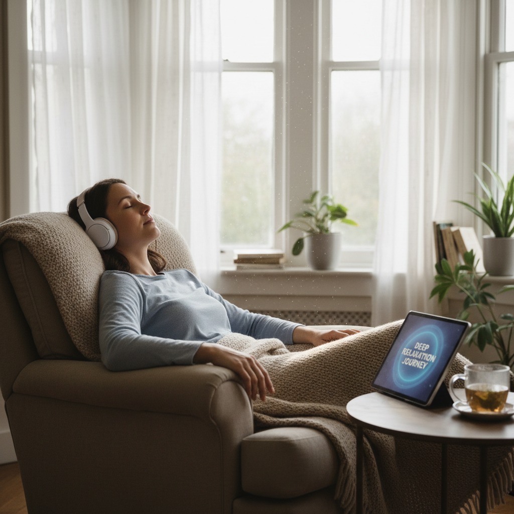 A woman wearing headphones relaxes in an armchair with a blanket while a tablet displaying "Deep Relaxation Journey" sits on a nearby table.